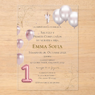 Baptism and first birthday acrylic with balloon invitations