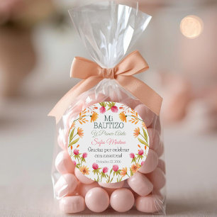 Baptism and First Birthday Cute Pink Flowers Classic Round Sticker