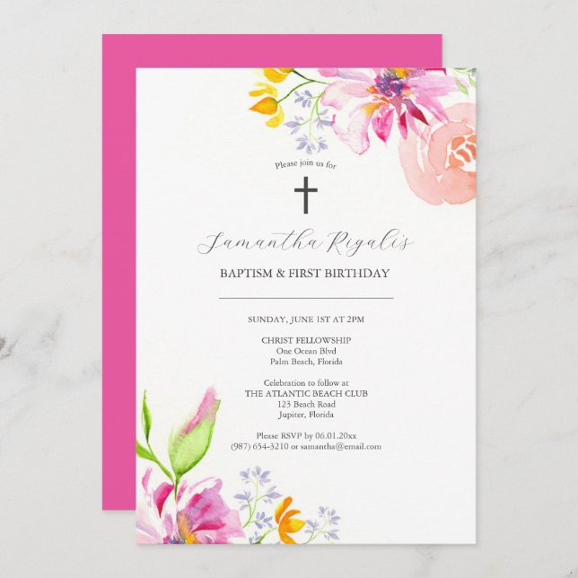 Baptism and First Birthday Invitations Pink Floral (Front/Back)
