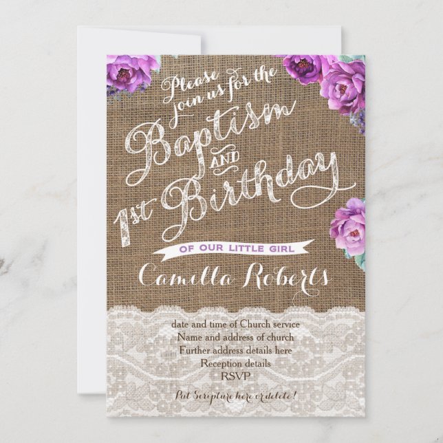 Baptism and First Birthday invites in lavender (Front)