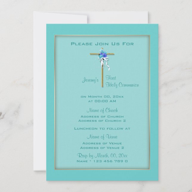 Baptism aqua communion gold elegant invitation (Front)