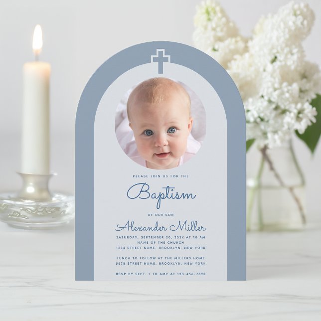 Baptism Arch Boy Photo Dusty Blue Christening Invitation (Creator Uploaded)