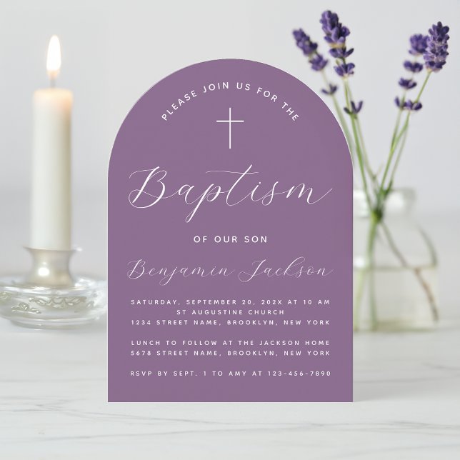 Baptism Arch Dusty Purple Modern Script and Cross Invitation (Creator Uploaded)