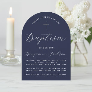 Baptism Arch Navy Blue Boy Christening Script Invitation