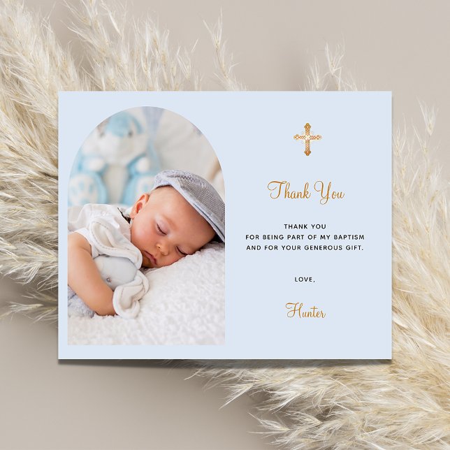 Baptism arch photo blue boy thank you card (Creator Uploaded)