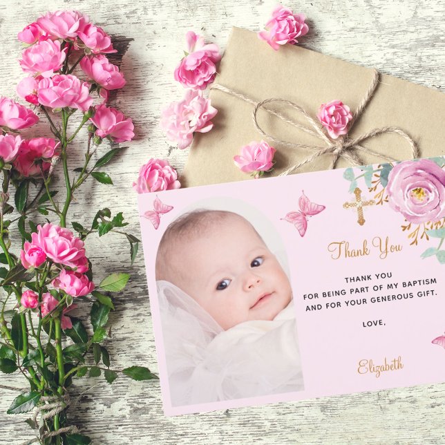 Baptism arch photo blush pink girl floral thank you card (Creator Uploaded)