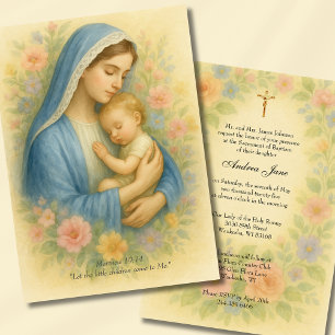 Baptism Azure Blue Mother & Child Floral  Invitation
