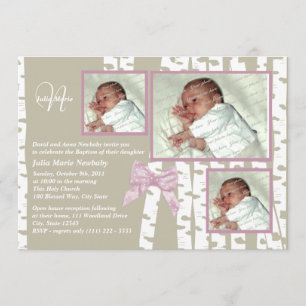 Baptism Baby Birch Photo Pink Invitation