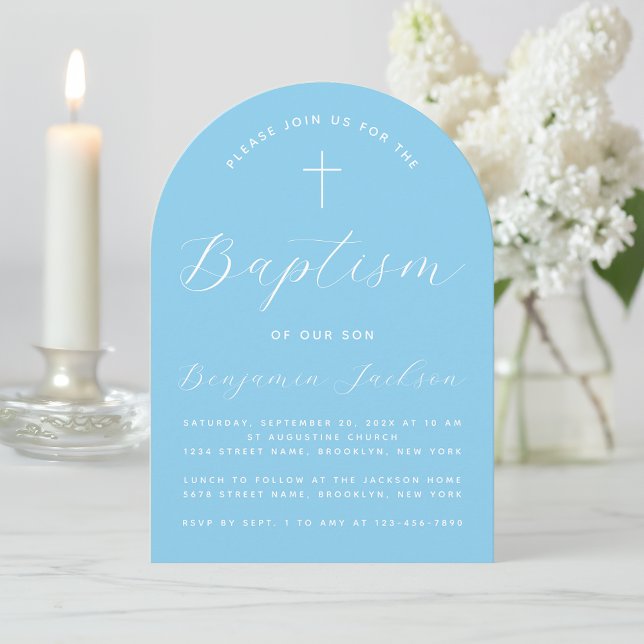 Baptism Baby Blue Arch Handwriting Boy Christening Invitation (Creator Uploaded)
