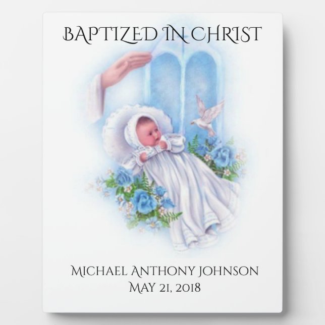Baptism Baby Boy Blue Flowers Dove Plaque (Front)
