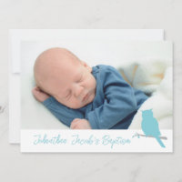 Baptism baby boy owl bird photo invitation card
