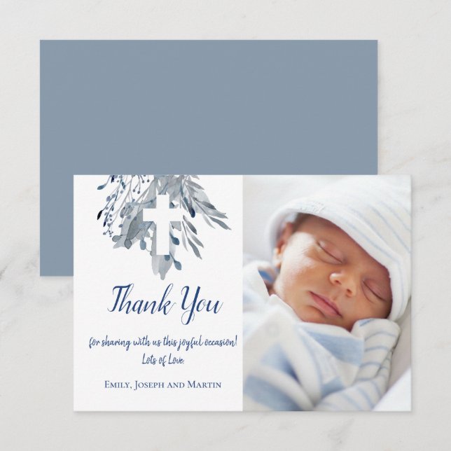 baptism baby boy thank you blue watercolor invitation (Front/Back)