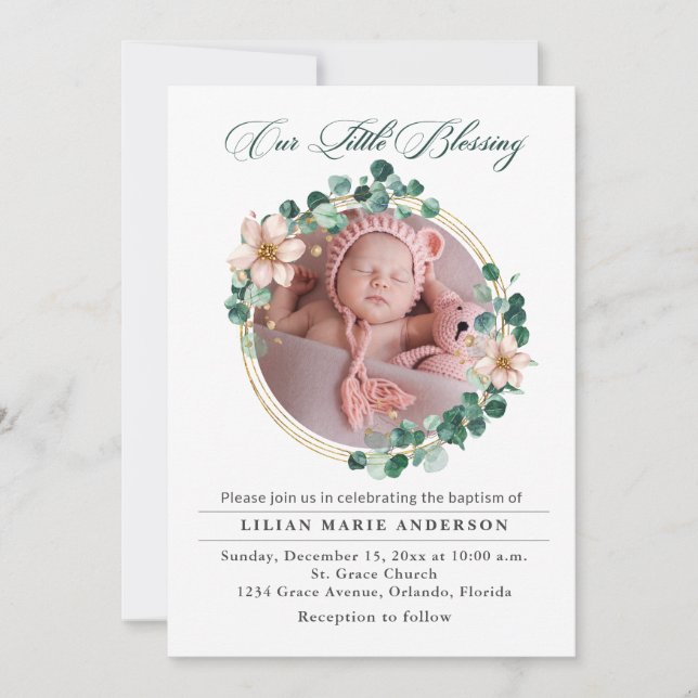 Baptism Baby Eucalyptus Poinsettia Photo Holiday Card (Front)