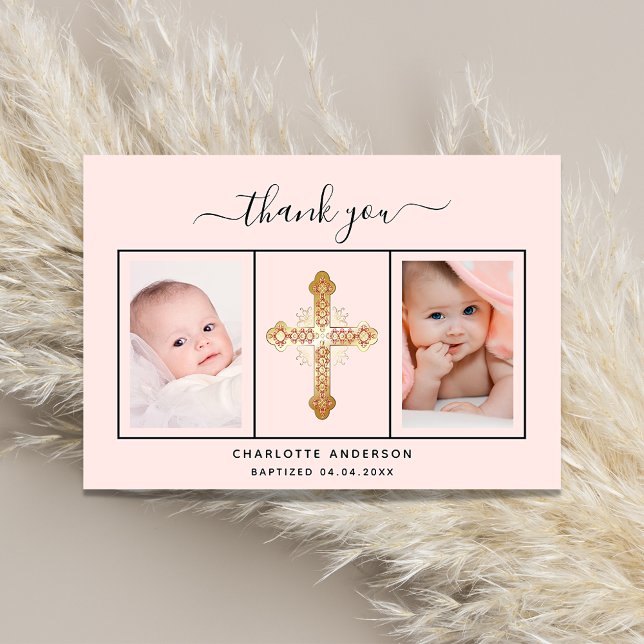 Baptism baby girl blush rose gold photo script thank you card (Creator Uploaded)