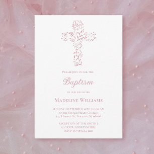 Baptism baby girl   foliage cross  invitation