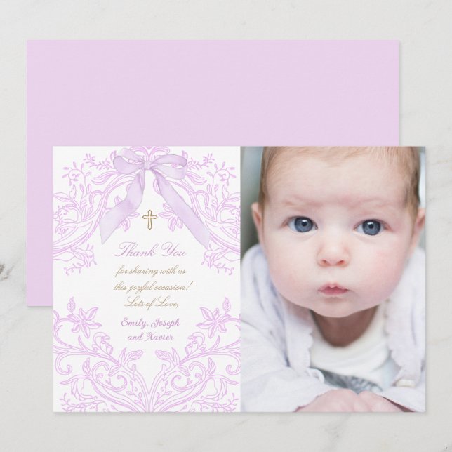 Baptism baby girl lilac design thank you card (Front/Back)
