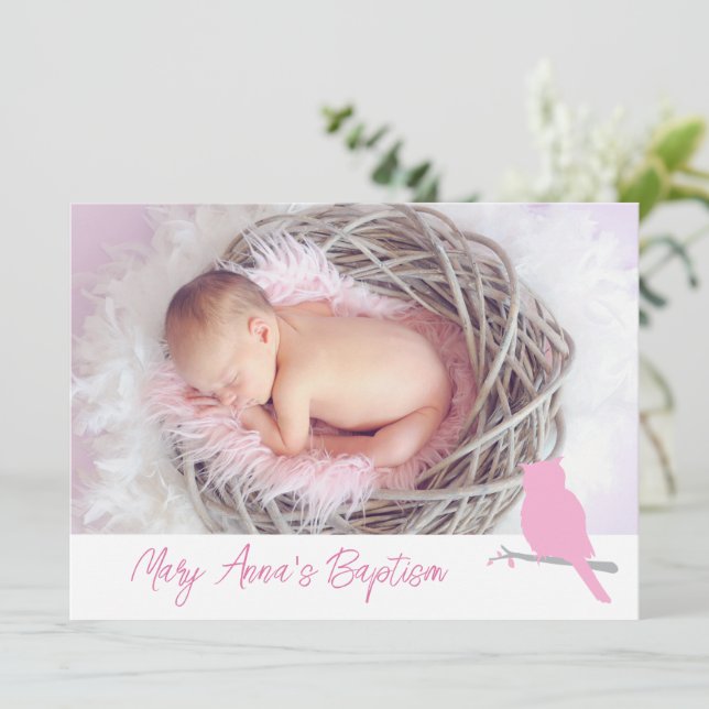 Baptism baby girl owl bird photo invitation card (Standing Front)