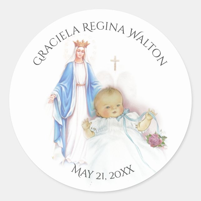 Baptism Baby Girl Pink Flowers Mary Classic Round Sticker (Front)