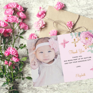 Baptism baby girl pink rose photo thank you card