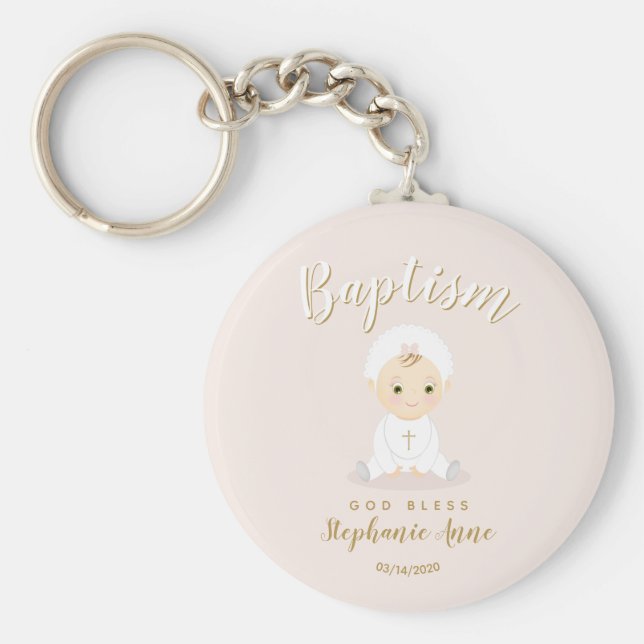 Baptism Baby Girl with Bonnet Key Ring (Front)