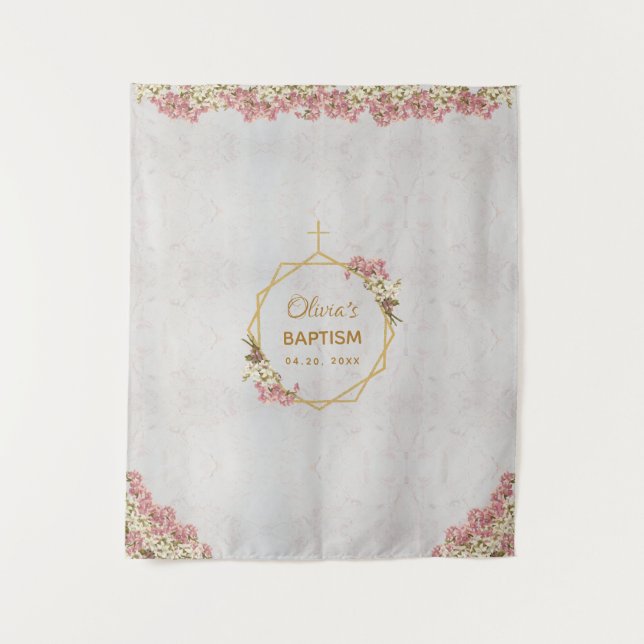 Baptism Backdrop Gold Pink Orchid Marble Geometric Tapestry (Front)