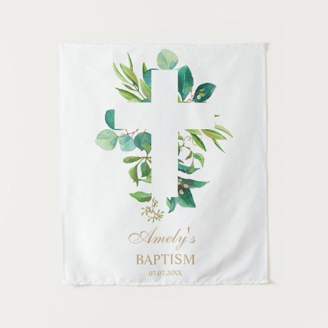 Baptism Backdrop - Greenery Eucalyptus Cross Tapestry (Front)