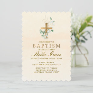 Baptism, Baptismal invite, greenery & gold Invitation