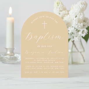 Baptism Beige Arch Simple Script Cross Light Brown Invitation