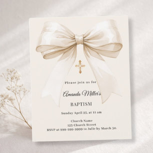 Baptism beige bow elegant invitation