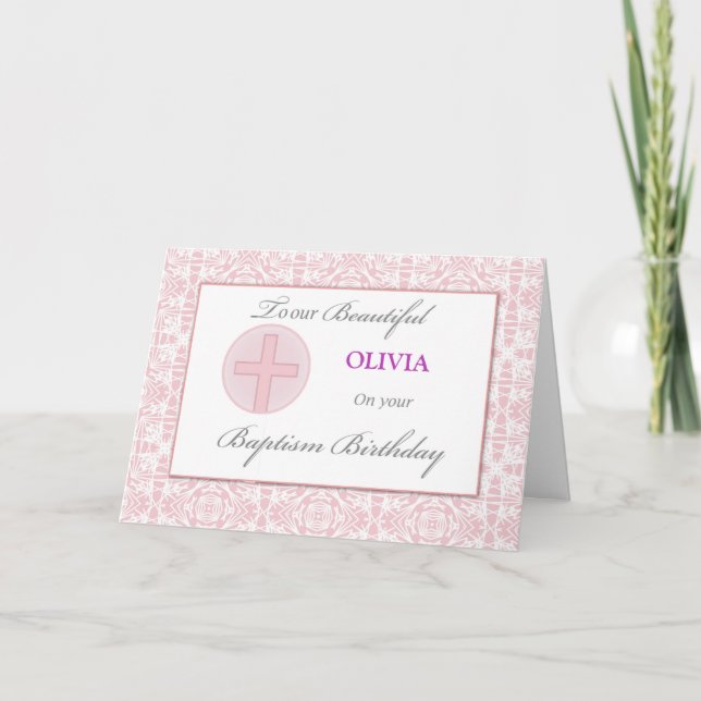 Baptism Birthday Custom Name Pink Lace Pattern Card (Front)