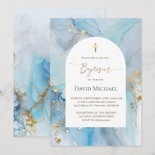 Baptism blue alcohol ink invitation