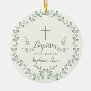 Baptism Blue and Green Leaf Wreath Ceramic Tree Decoration