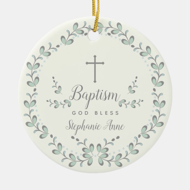 Baptism Blue and Green Leaf Wreath Ceramic Tree Decoration (Front)