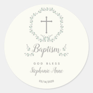 Baptism Blue and Green Leaf Wreath Classic Round Sticker