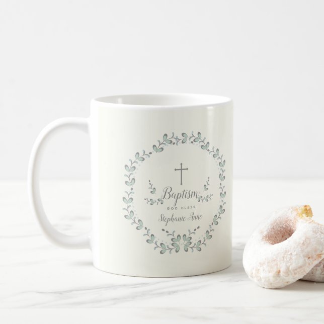 Baptism Blue and Green Leaf Wreath Coffee Mug (With Donut)