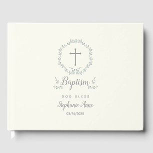 Baptism Blue and Green Leaf Wreath Guest Book