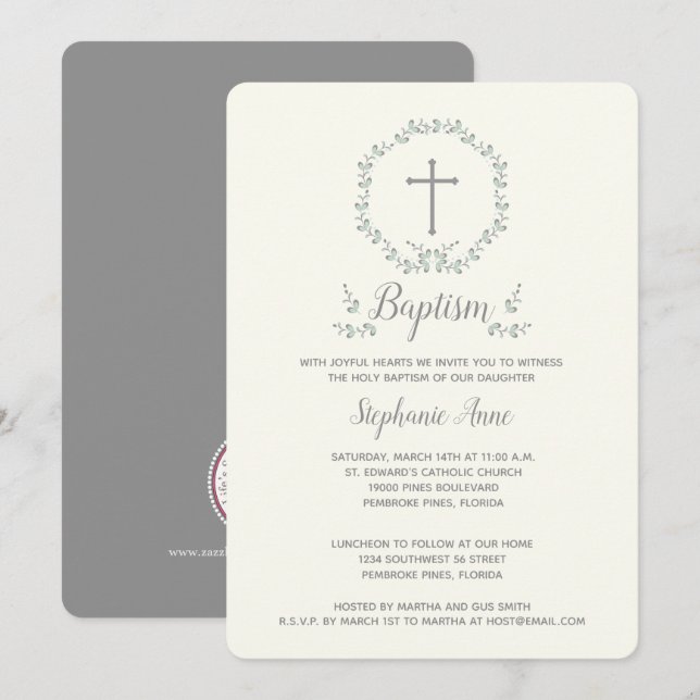Baptism Blue and Green Leaf Wreath Invitation (Front/Back)