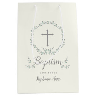 Baptism Blue and Green Leaf Wreath Medium Gift Bag