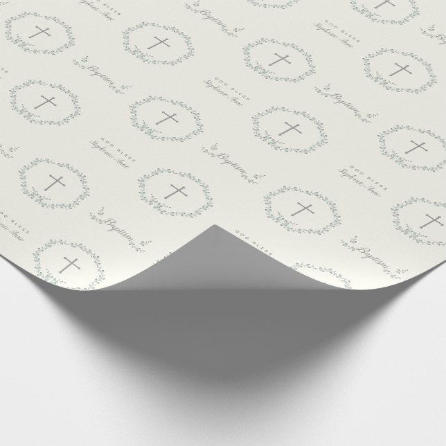 Baptism Blue and Green Leaf Wreath Wrapping Paper (Corner)