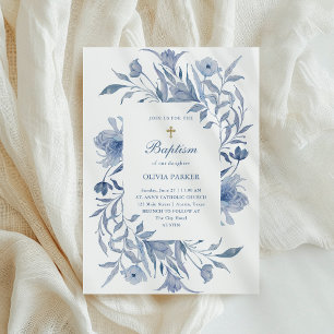 Baptism   Blue and White Floral Chinoiserie Invitation