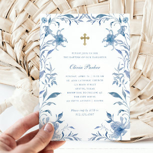 Baptism   Blue and White Floral Frame Chinoiserie Invitation