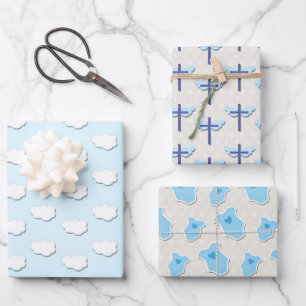 Baptism Blue Baby Cloud Cross Wrapping Paper Sheet