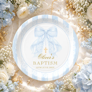 Baptism Blue Bow Baby Boy Paper Plate