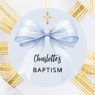 Baptism blue bow boy cross classic round sticker