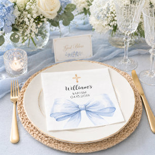 Baptism blue bow boy gold cross napkin