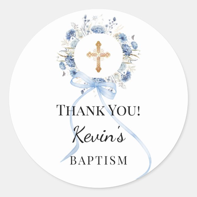 Baptism blue boy florals wreath cross thank you classic round sticker (Front)