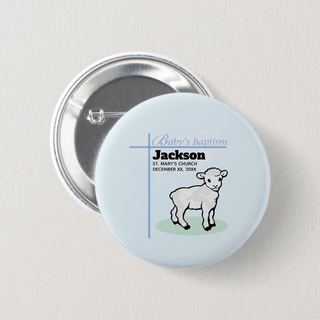 Baptism Blue Boy Lamb, Customisable 6 Cm Round Badge (Front & Back)