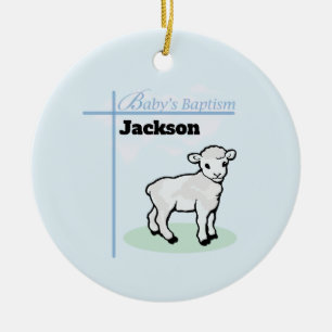 Baptism Blue Boy Lamb, Customisable Ceramic Tree Decoration