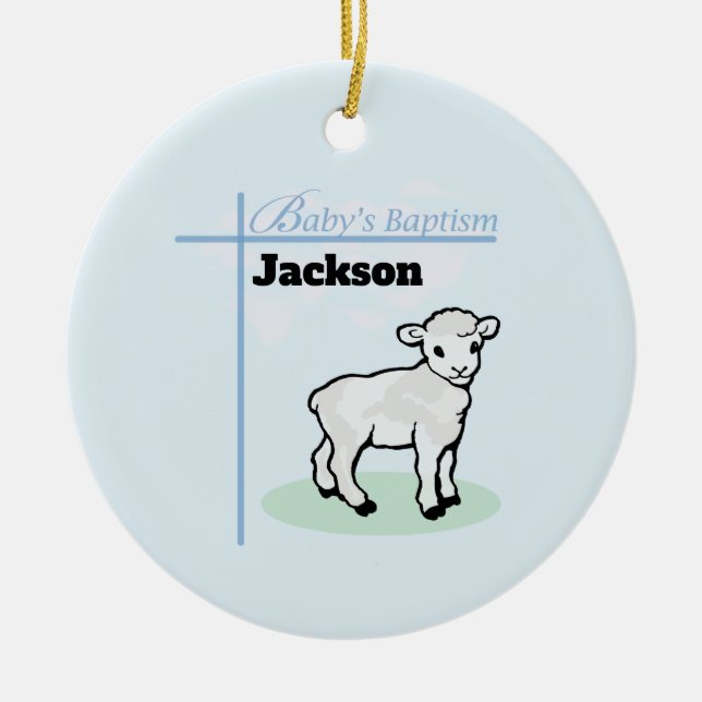 Baptism Blue Boy Lamb, Customisable Ceramic Tree Decoration (Front)