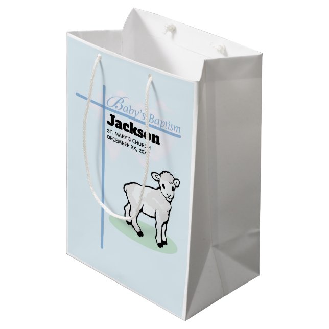 Baptism Blue Boy Lamb, Customisable Medium Gift Bag (Front Angled)